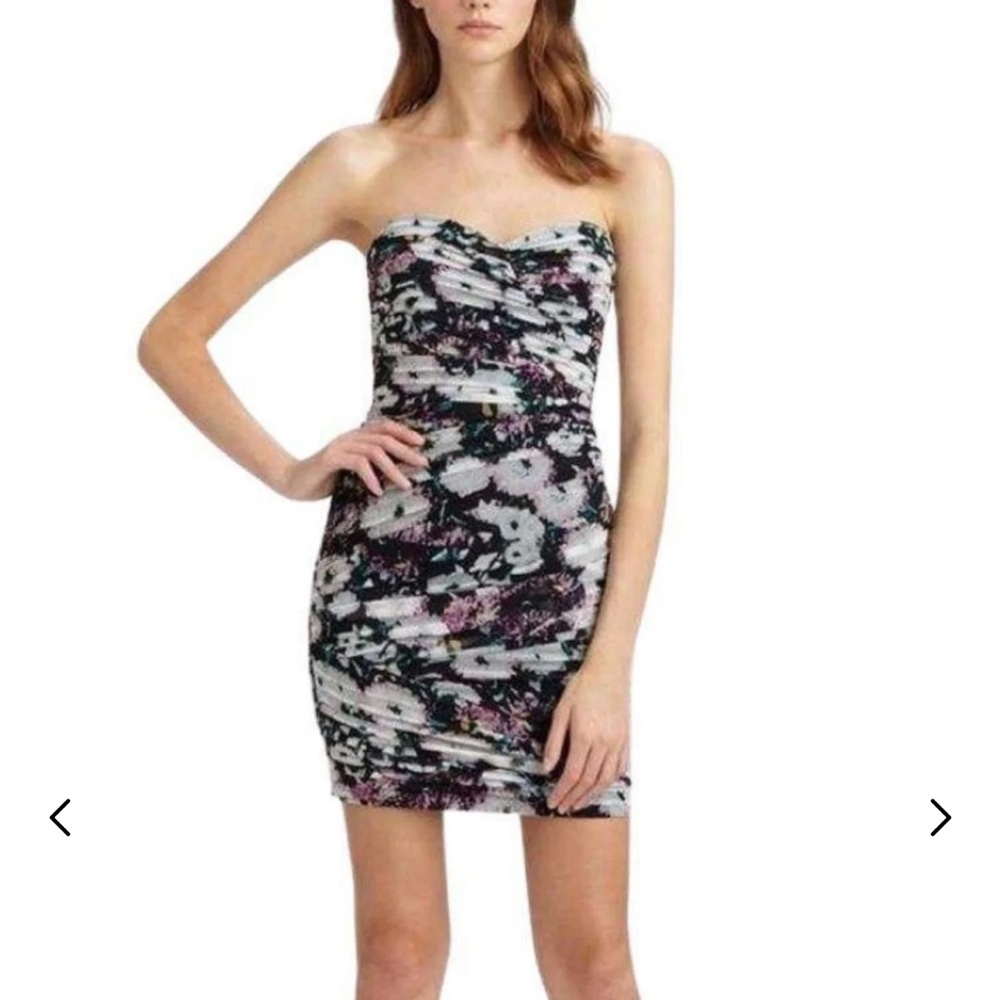 BCBGMaxAzria Strapless Ruched Bodycon Dress in Black, White, Pink & Teal - Picture 2 of 11